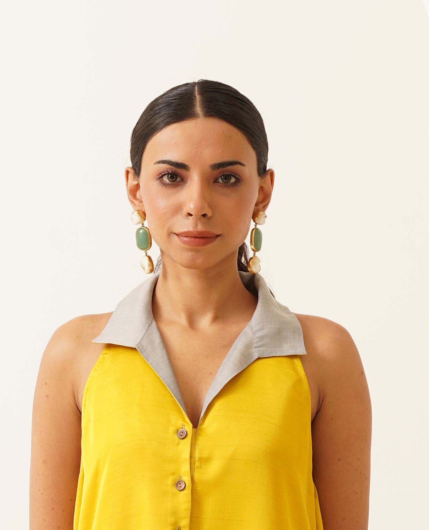 Baroque Pearl Earrings with Green Stone Accent